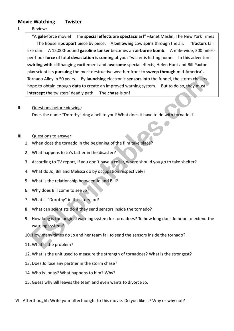 Twister Movie worksheet