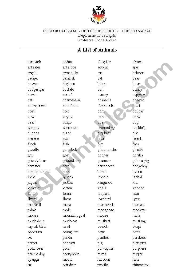 List of Animals worksheet