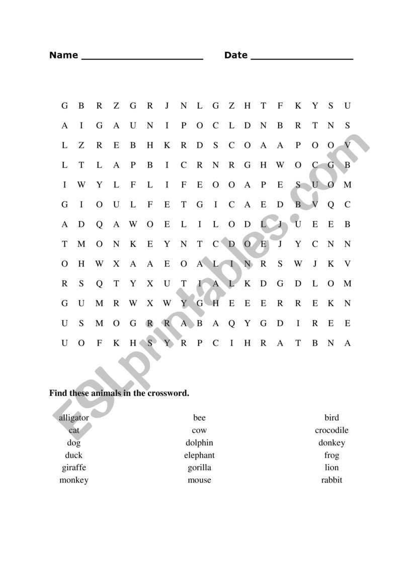 Wordfind animals worksheet