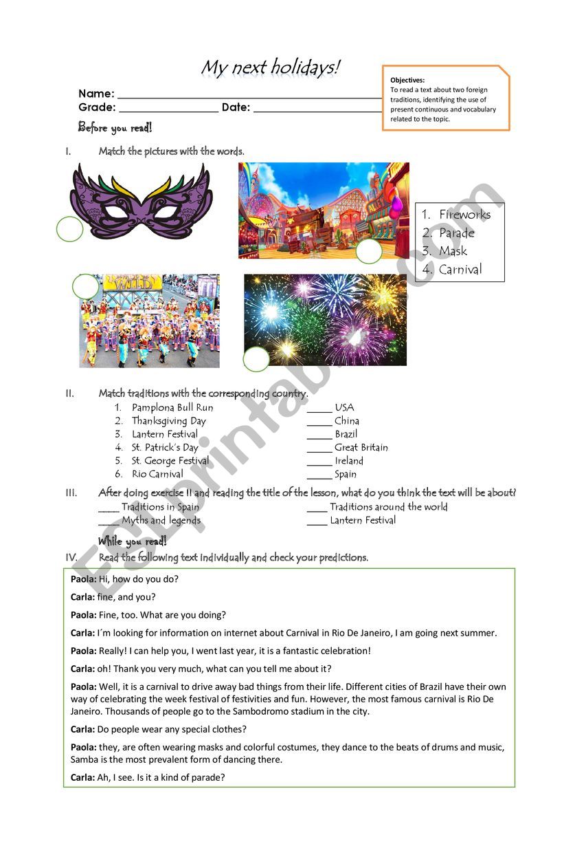 my next holidays worksheet