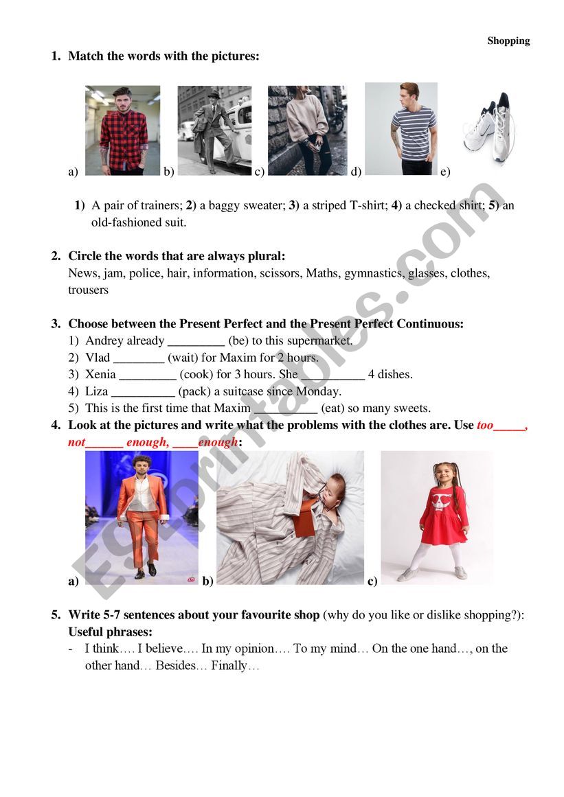 shopping worksheet