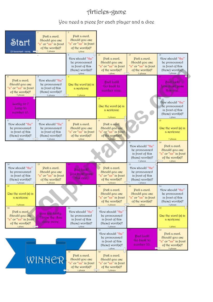 Articles- board game worksheet