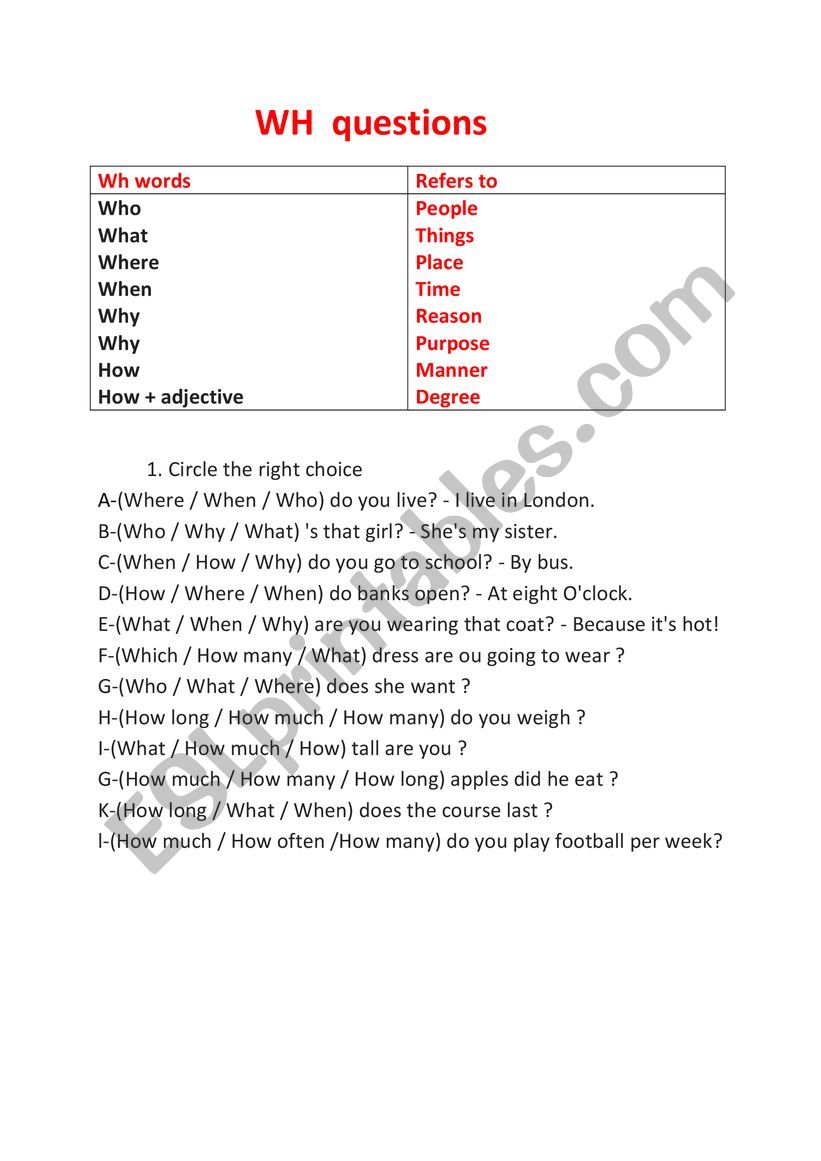 Wh words  worksheet