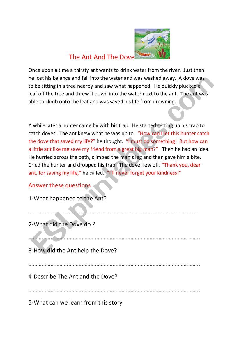 The Ant and the Dove  worksheet