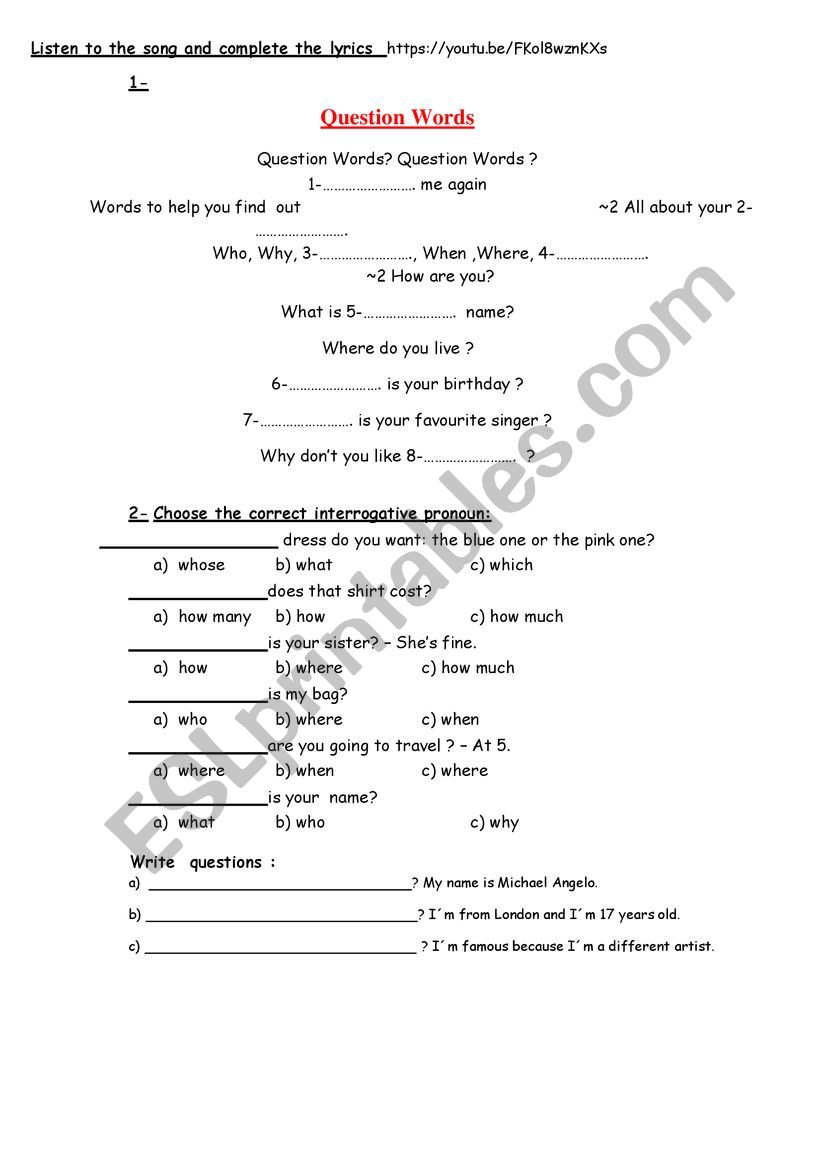 wh words  worksheet