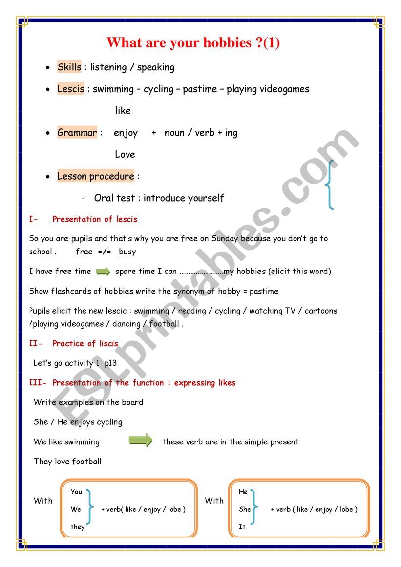 what are your hobbies? worksheet