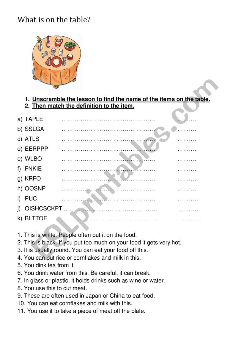 Items on the dinner table worksheet