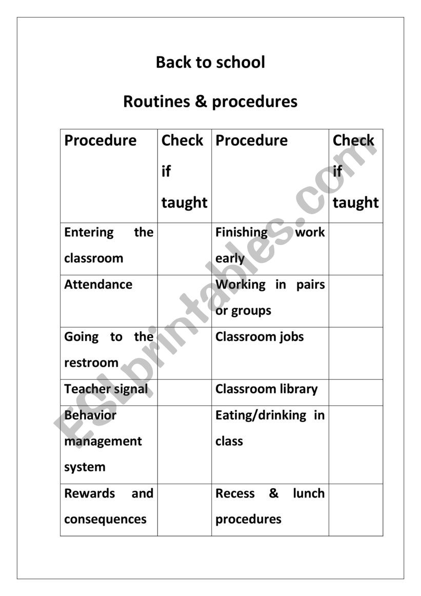 Back to school routines worksheet