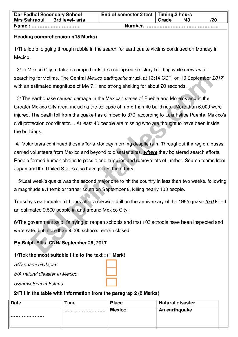 Third Semester Test Third Form ESL Worksheet By Jouida third-semester-test-third-form-esl-worksheet-by-jouida