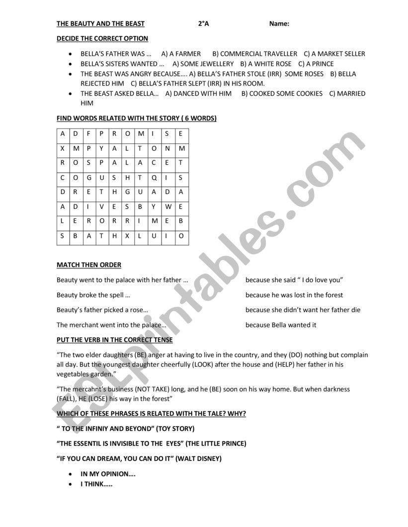The Beauty and The Beast worksheet