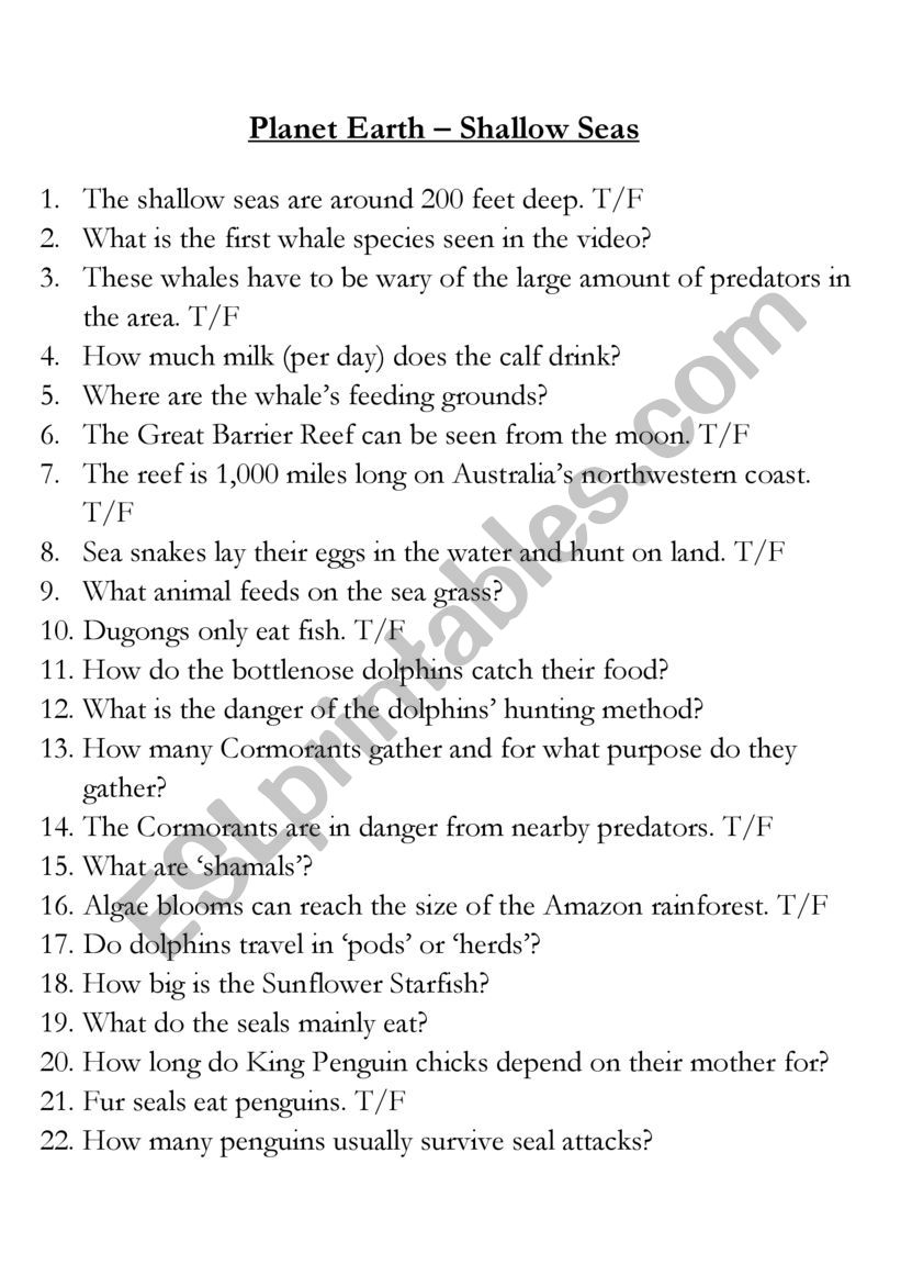 Planet Earth - Shallow Seas Comprehension Questions - ESL Throughout Planet Earth Ocean Deep Worksheet