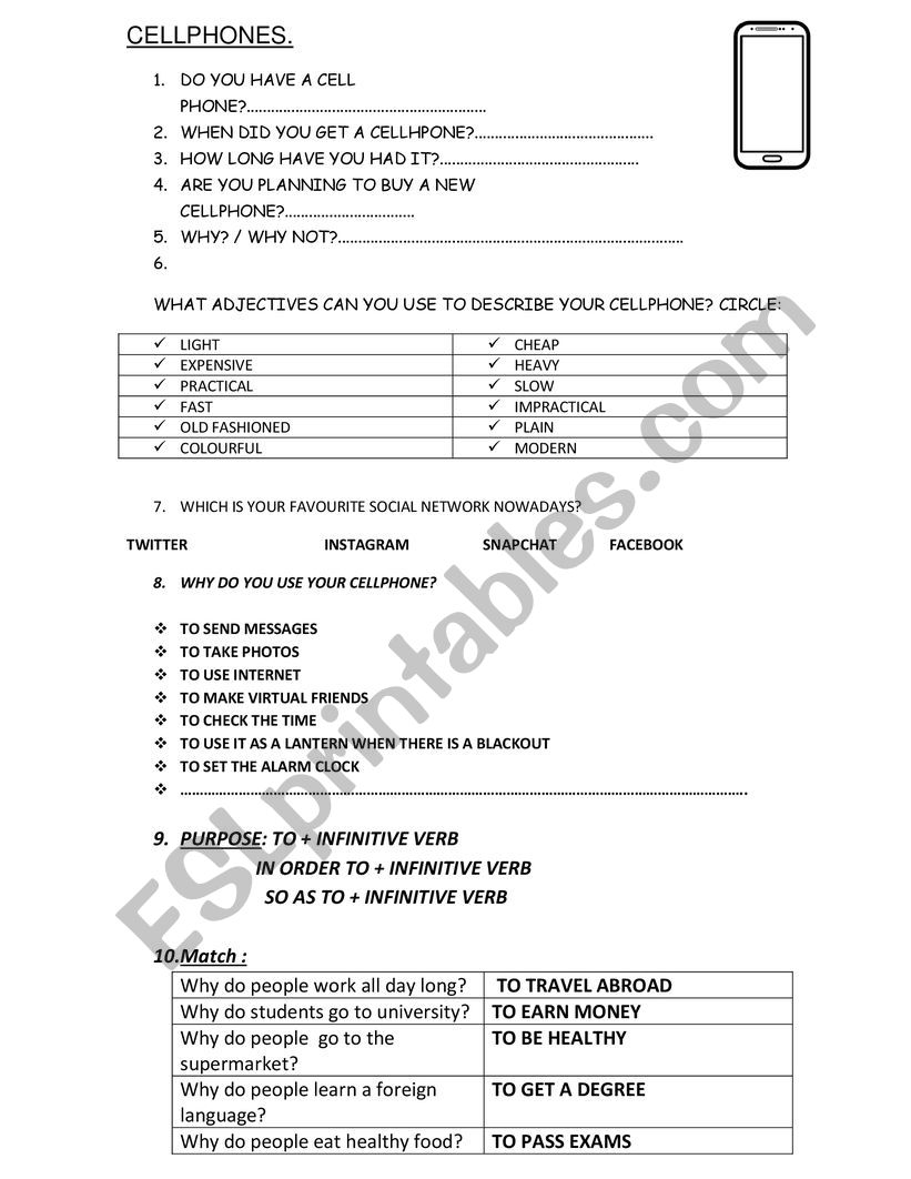 Cellphones PURPOSE worksheet