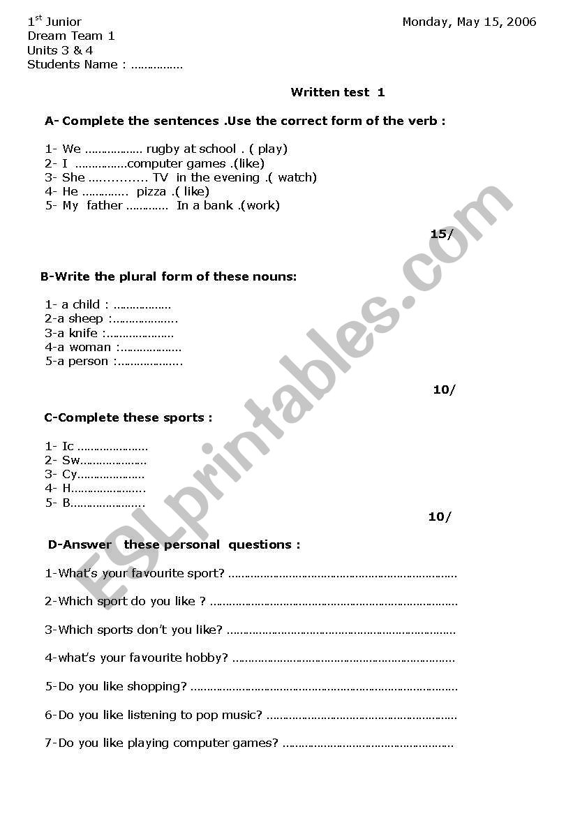 Test review - 1st level  worksheet