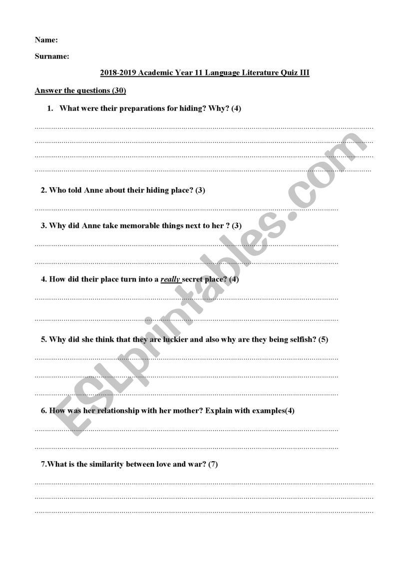 Anne Frank  worksheet