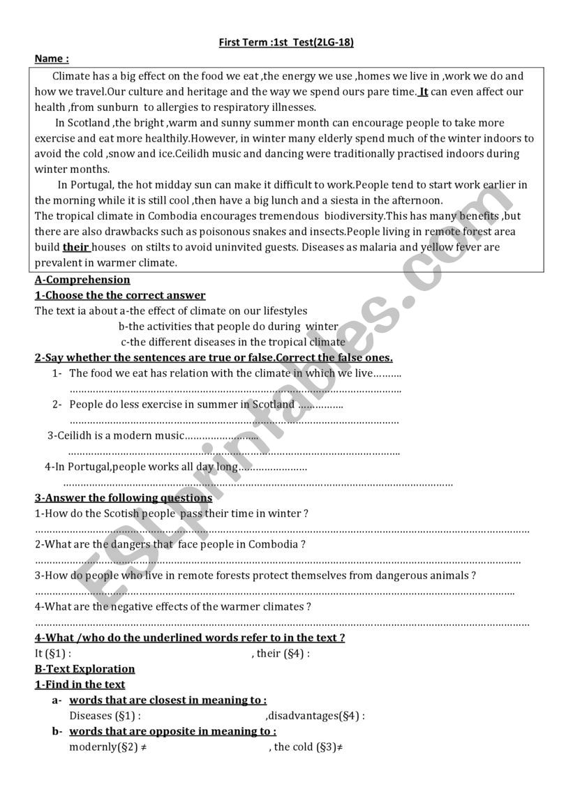 climate effects worksheet