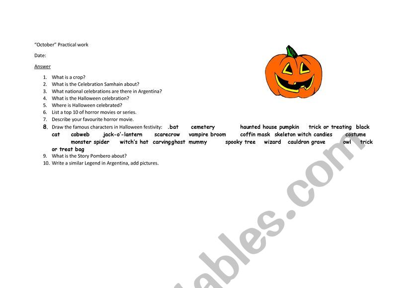 Halloween practical work worksheet