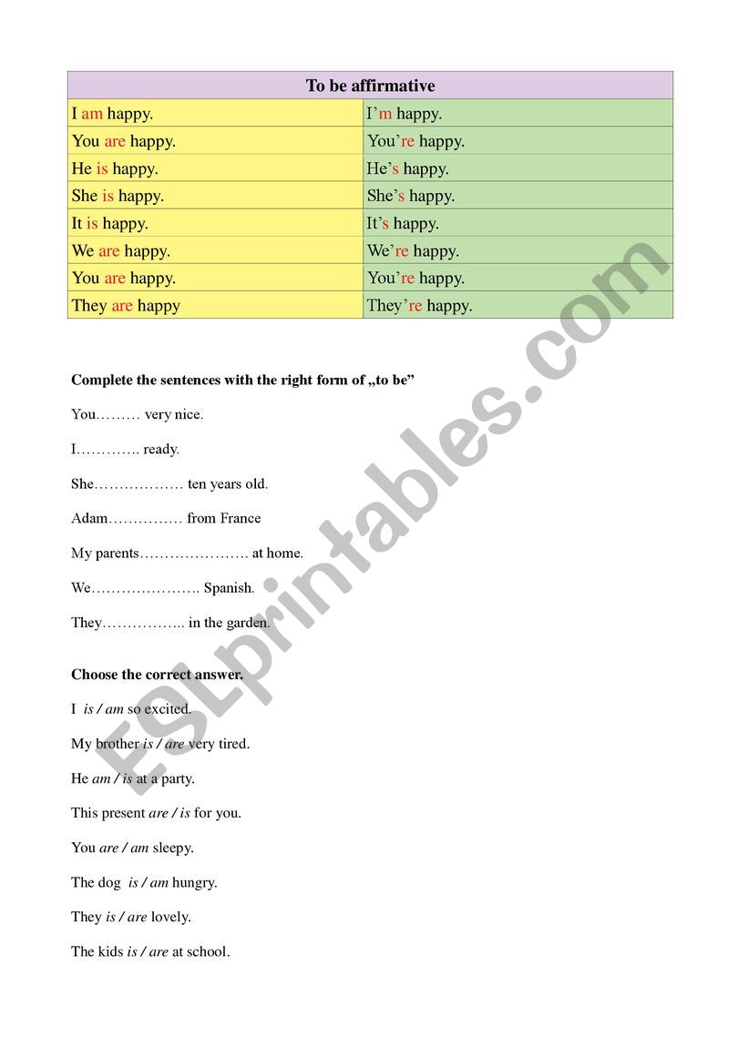to be affirmative worksheet