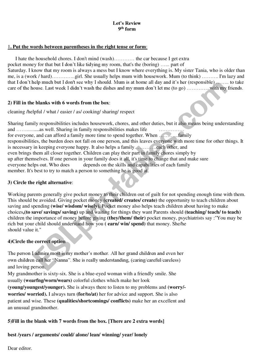 lets review 9th form worksheet