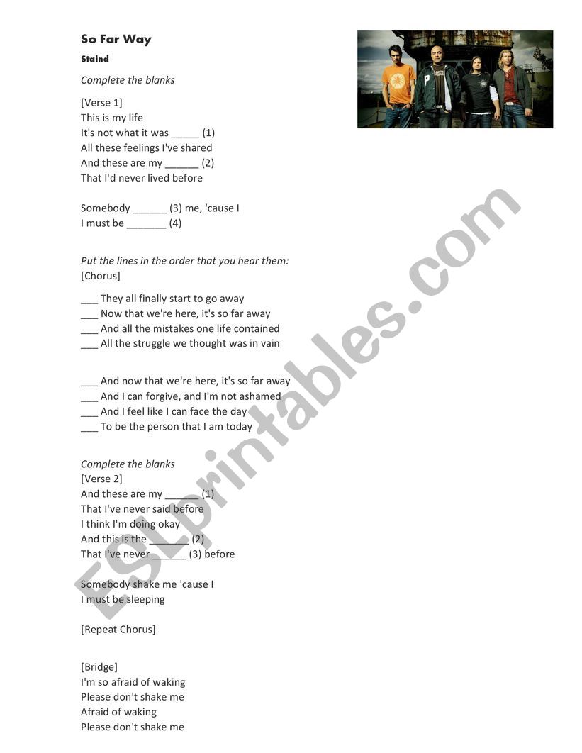 Song - So Far Away by Staind worksheet