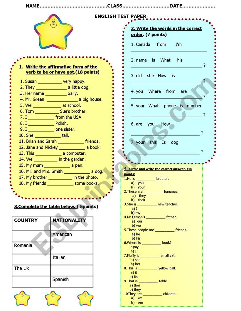 test paper 5th grade students worksheet