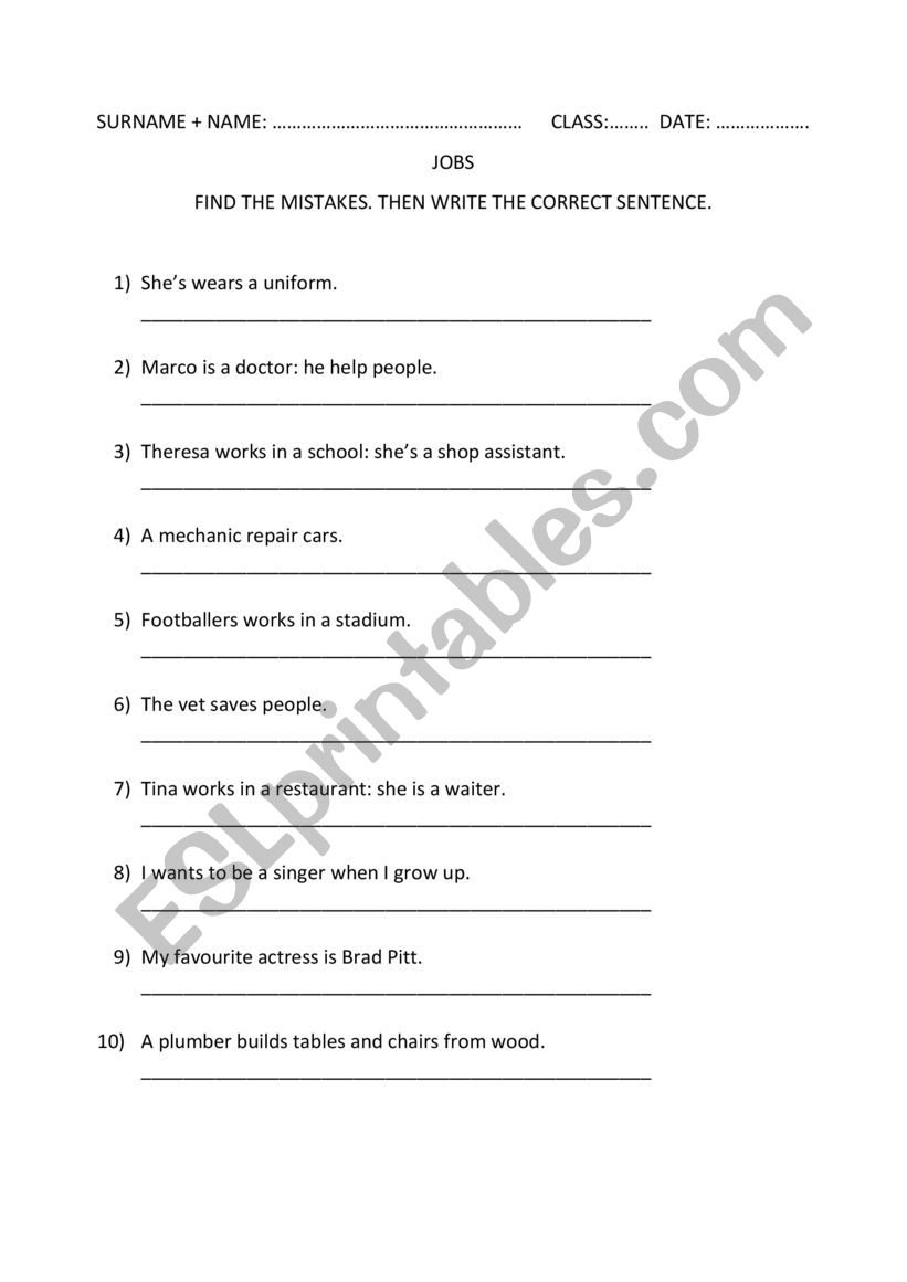 Find the mistakes worksheet