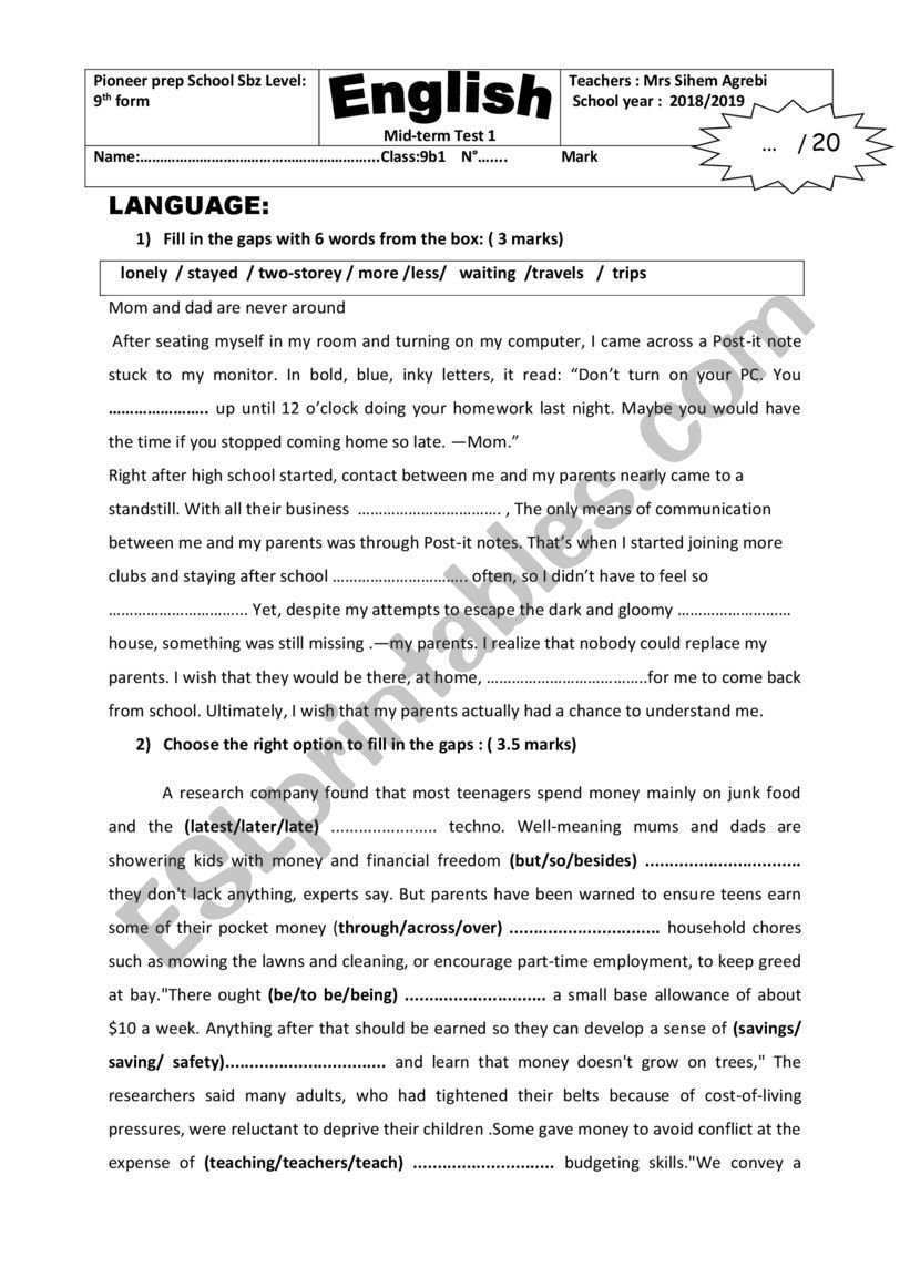 mid-term test 1 9th form   worksheet