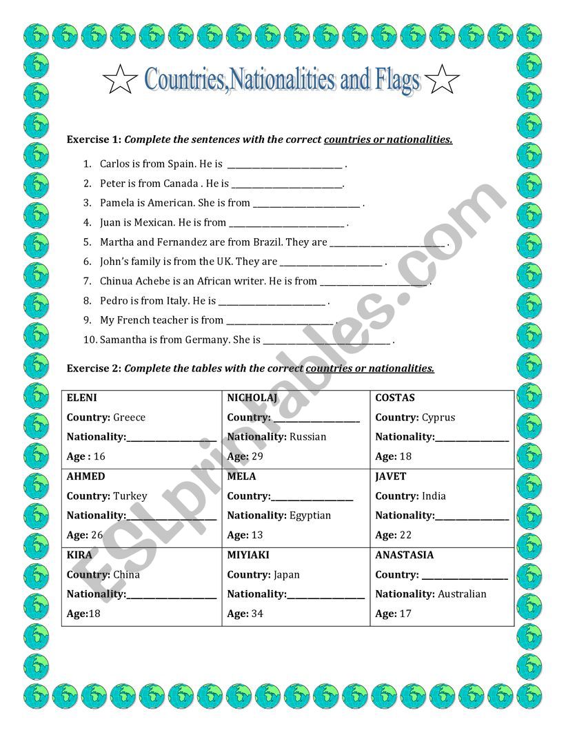 countries and nationalities worksheet