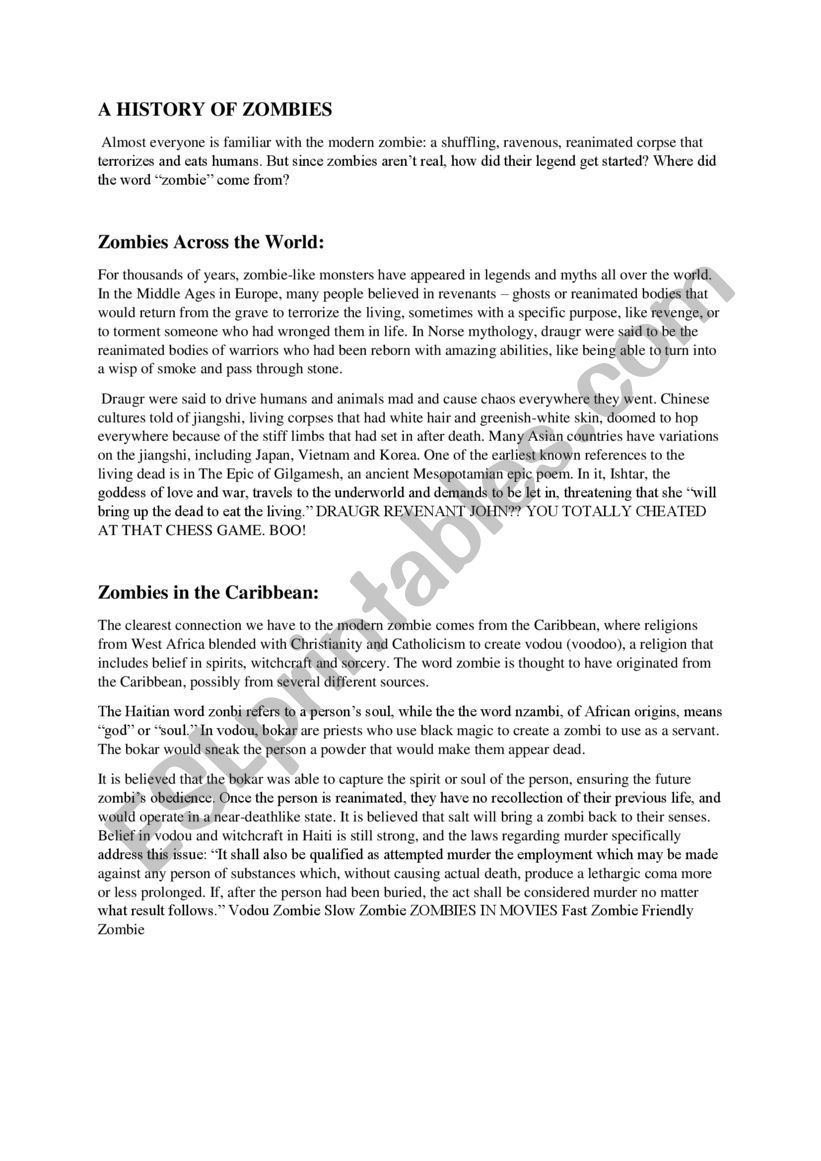 A HISTORY OF ZOMBIES worksheet