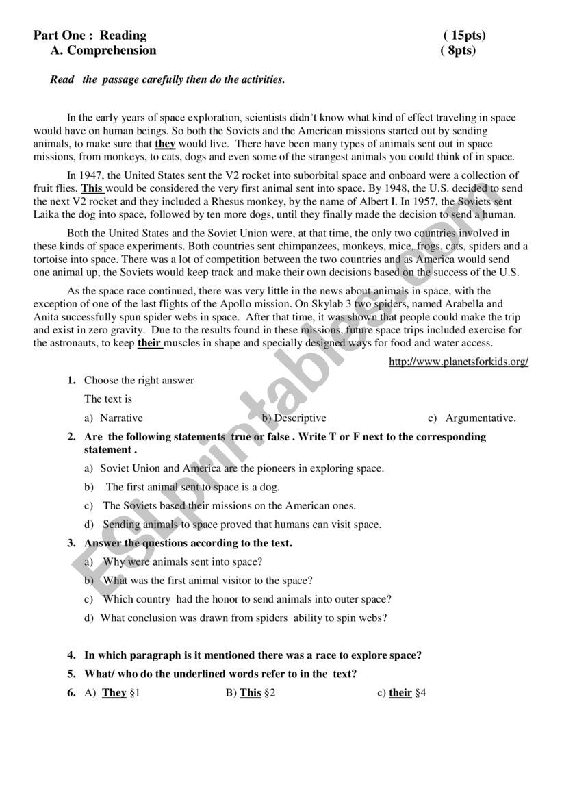 Space exploration exam worksheet