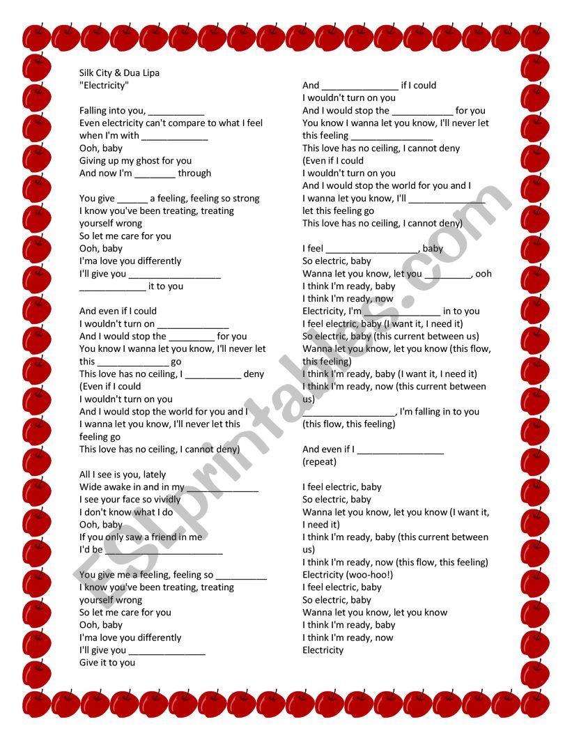 Dua Lipa- Electricity  worksheet