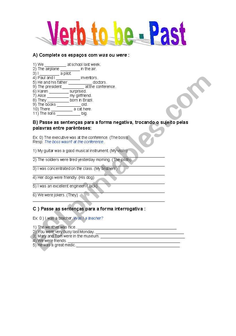 to be past exercicios worksheet