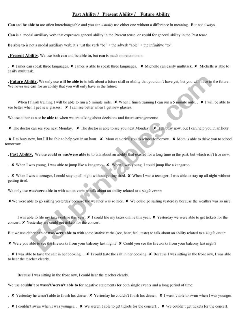 ability in all tenses worksheet