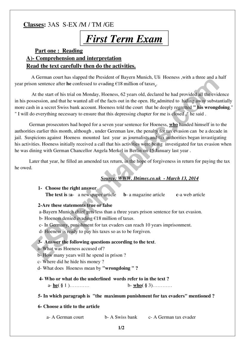 FIRST TERM EXAM worksheet