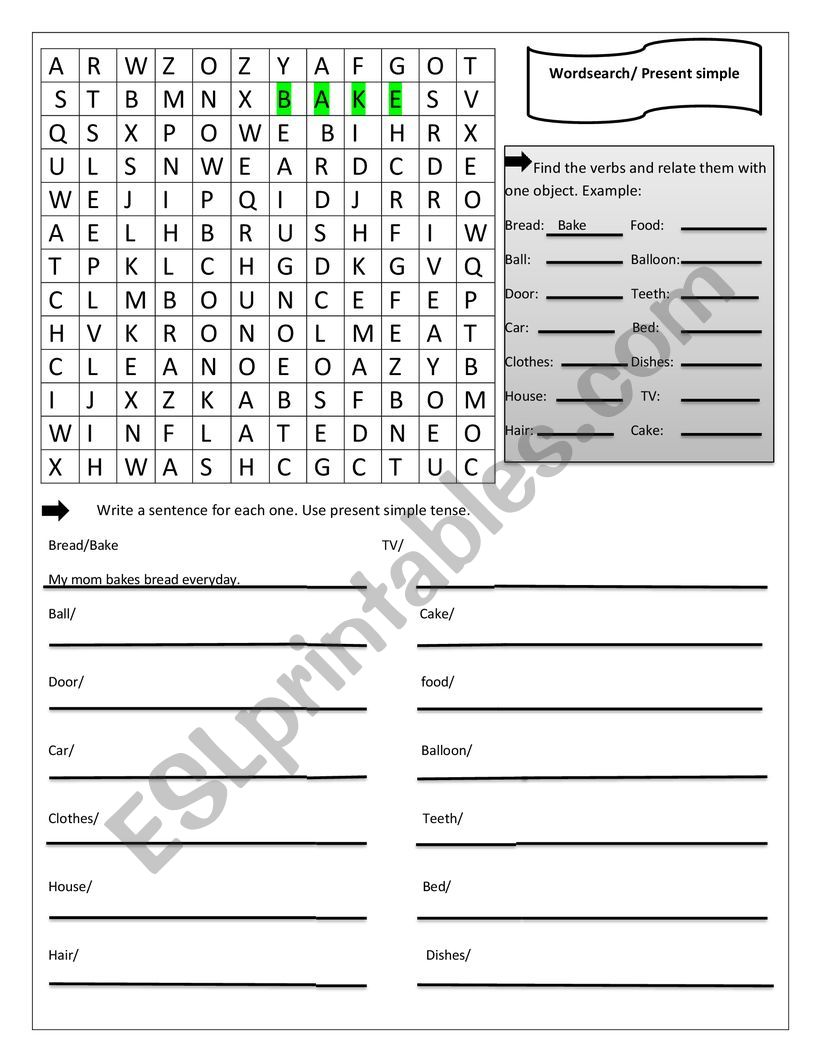 Wordsearch/present simple worksheet