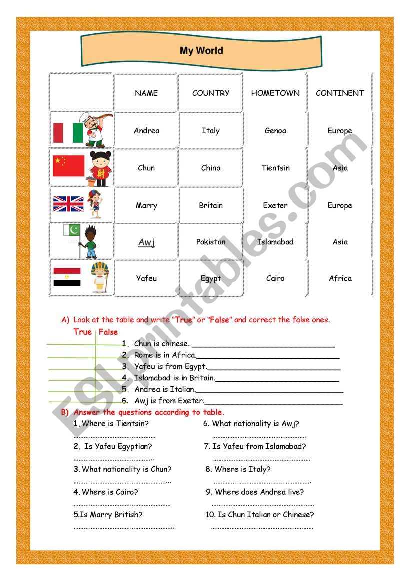 MY WORLD worksheet