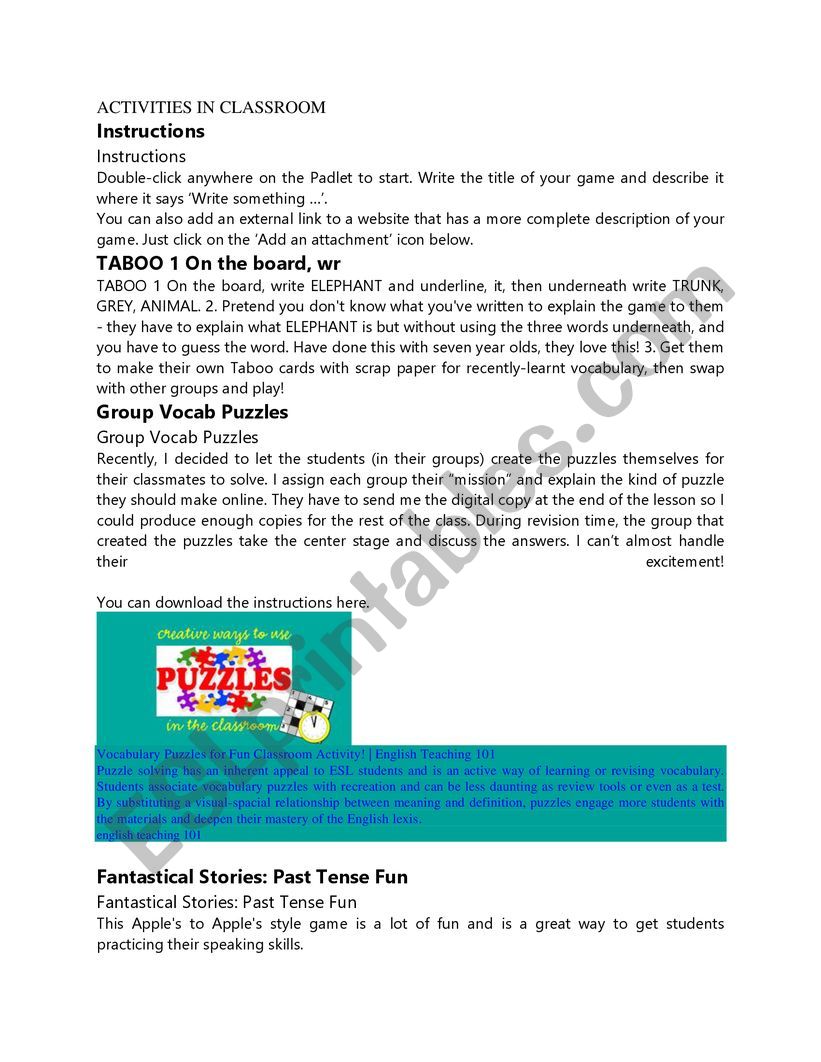 Activities in classroom worksheet