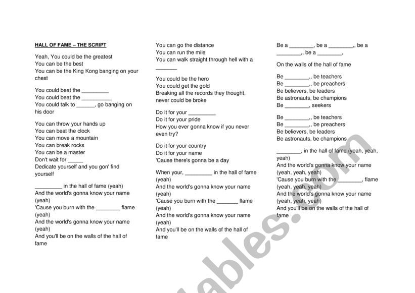 Hall of Fame Song worksheet