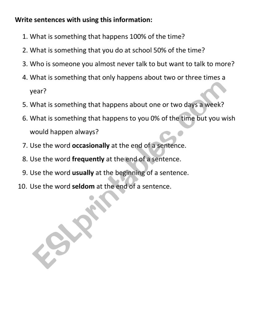 Frequency Adverbs Sentence Writing Prompts