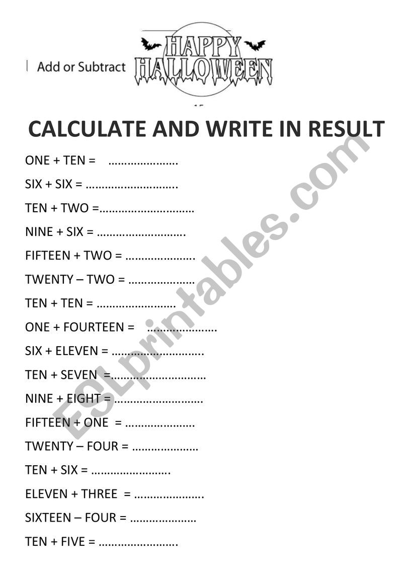 add  or subtract halloween worksheet