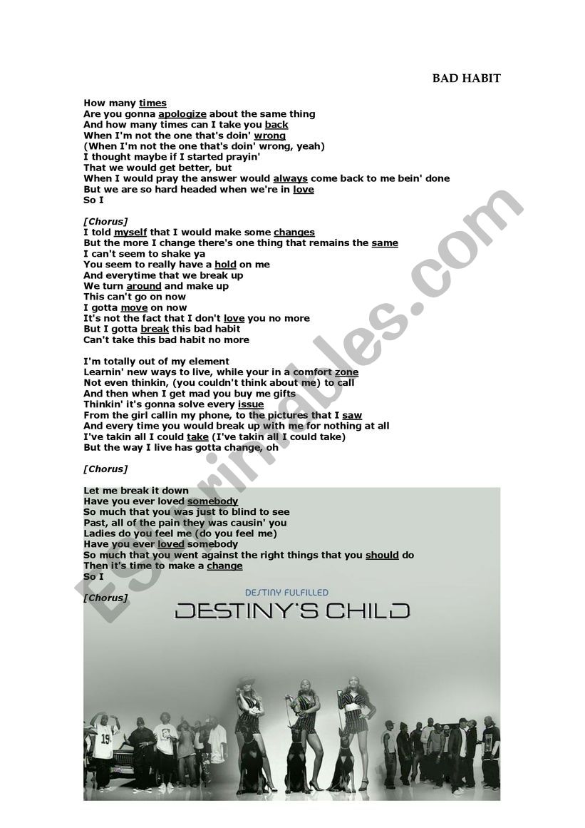 Song Destinys Child_Girl worksheet