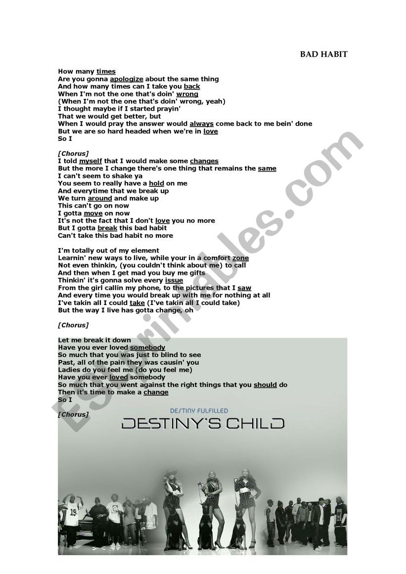 Song Destiny´s Child_Girl - ESL worksheet by bcasasnovas