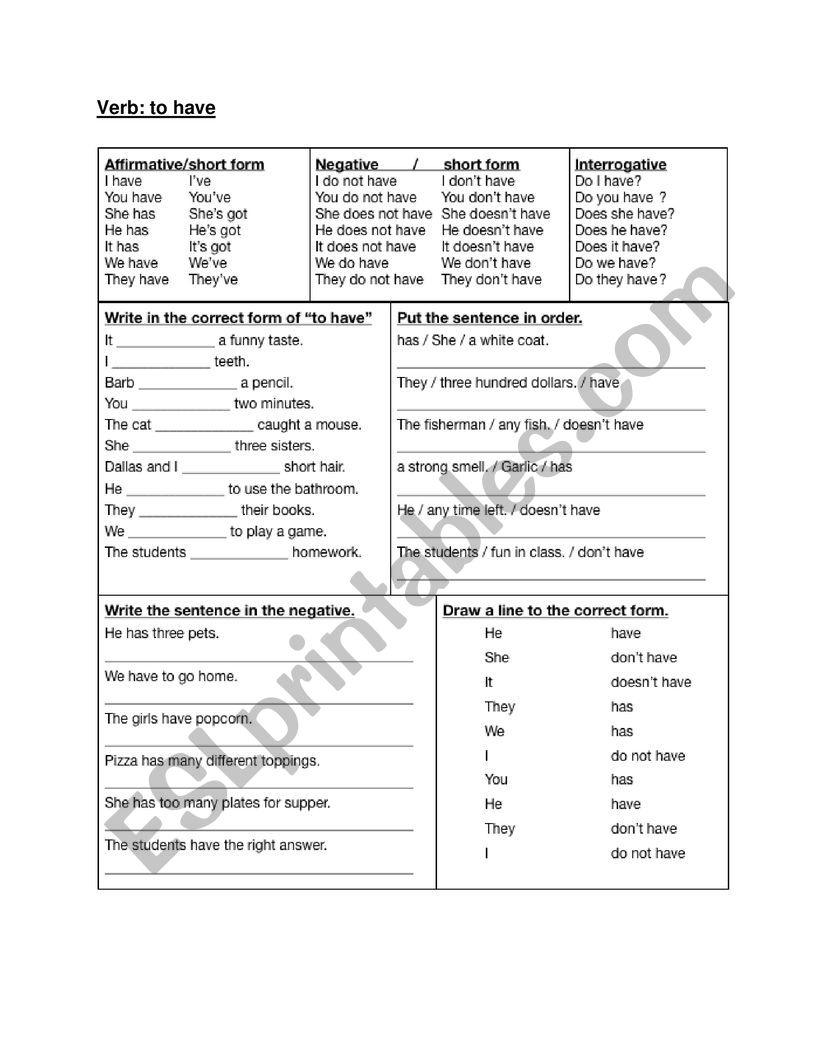 Verb: to have (got) worksheet