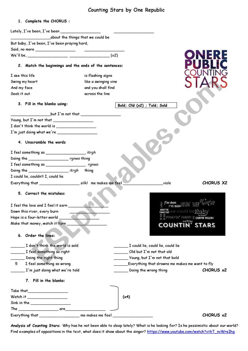 song counting stars worksheet