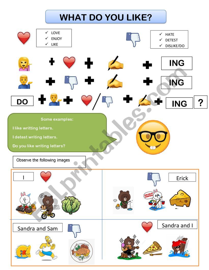 Like and dislike verbs worksheet