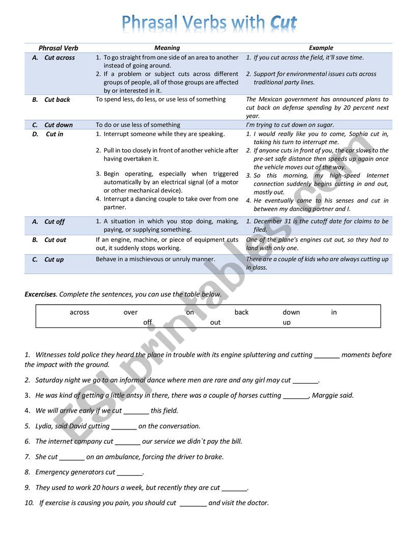 Phrasal verbs with CUT worksheet