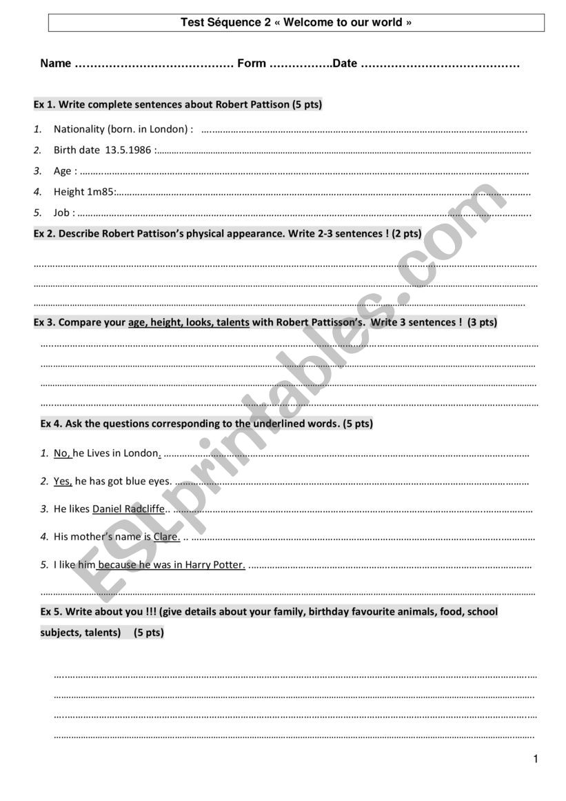 Brad Pattinson Test worksheet