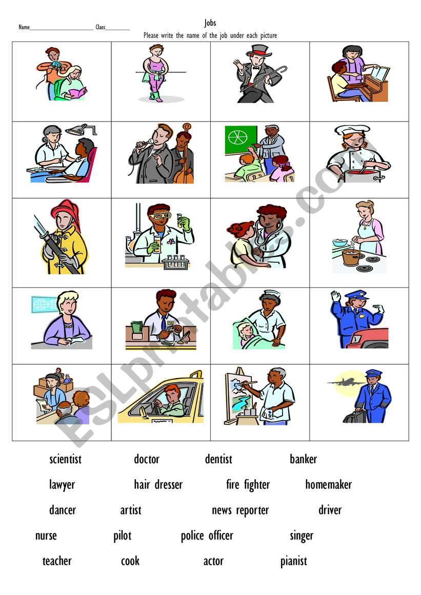 jobs (picture and name matching worksheet