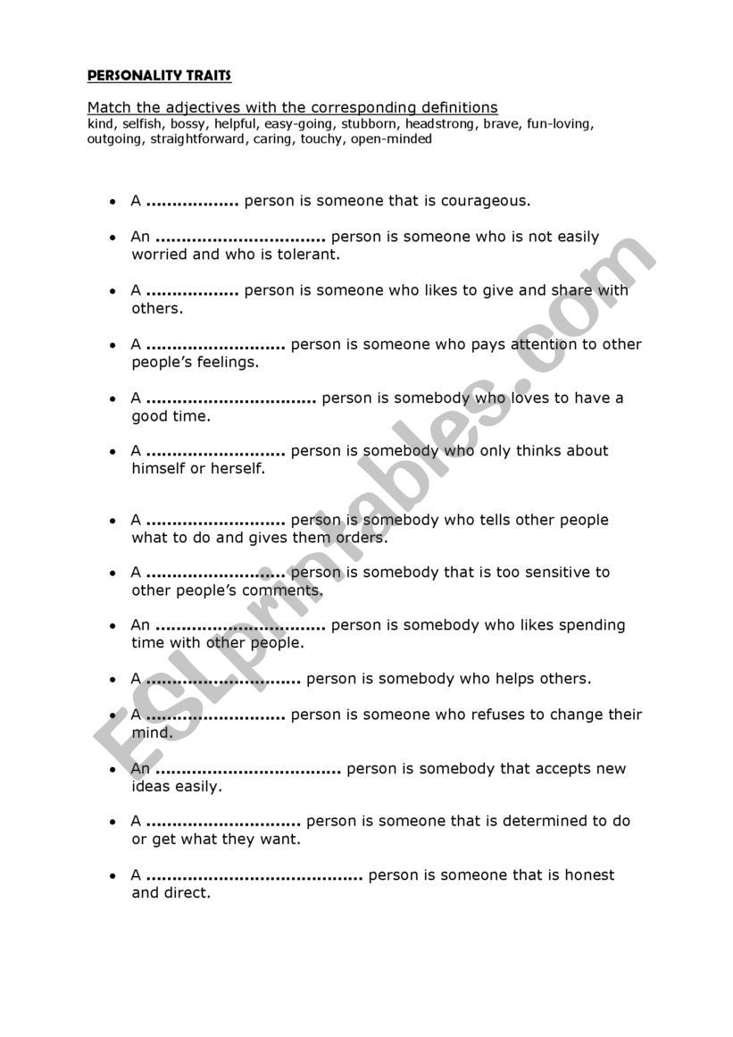 Personality traits worksheet