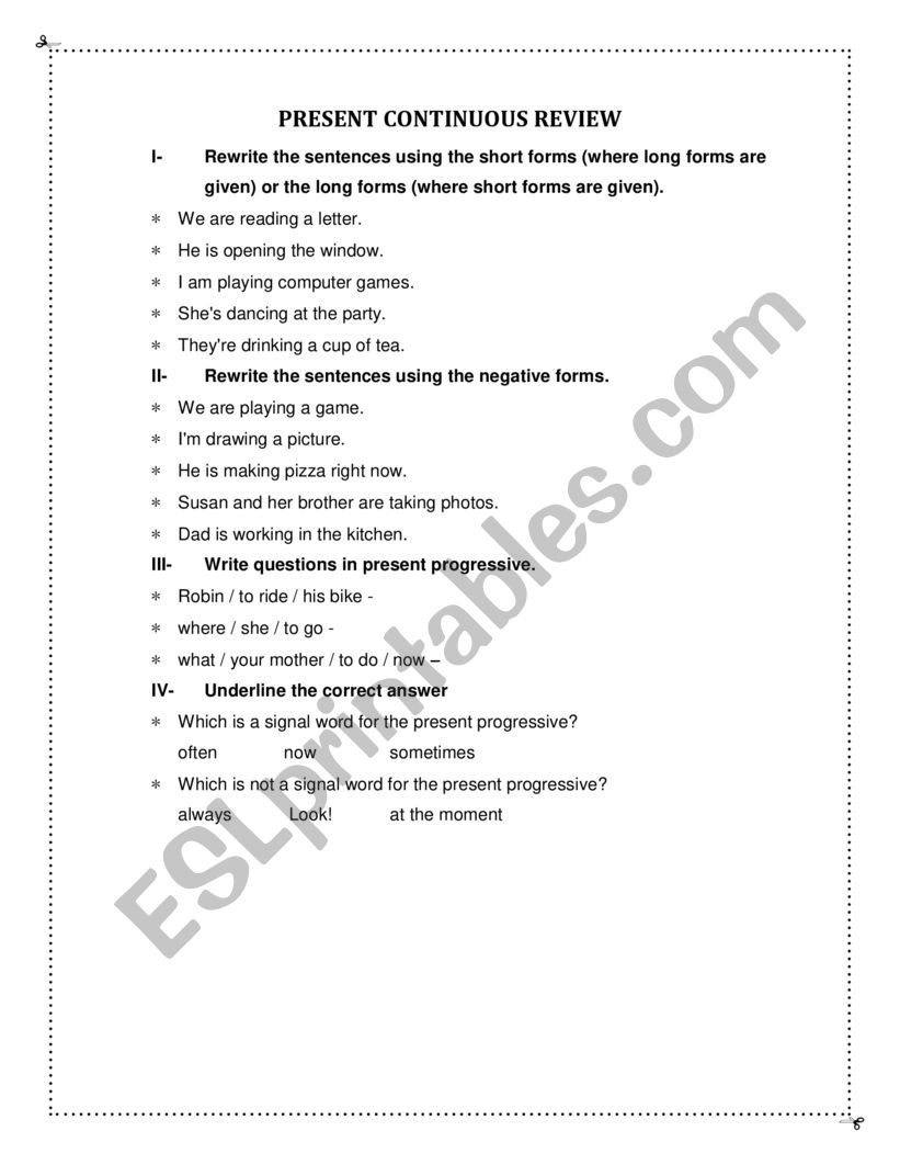 PRESENT CONTINUOUS REVIEW worksheet
