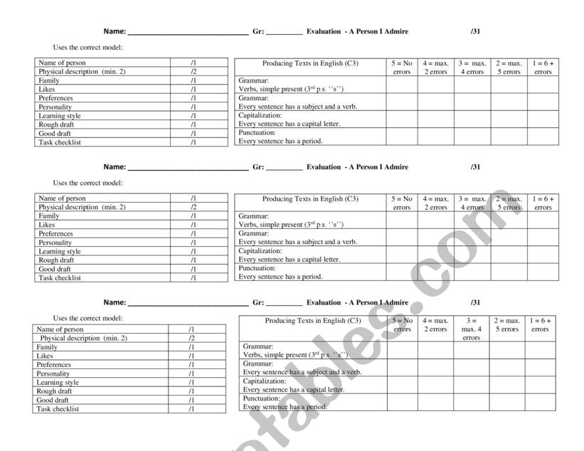 A Person I Admire C3 rubric worksheet